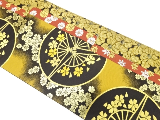 三ツ扇に椿・桜・菊模様織り出し　振袖用袋帯